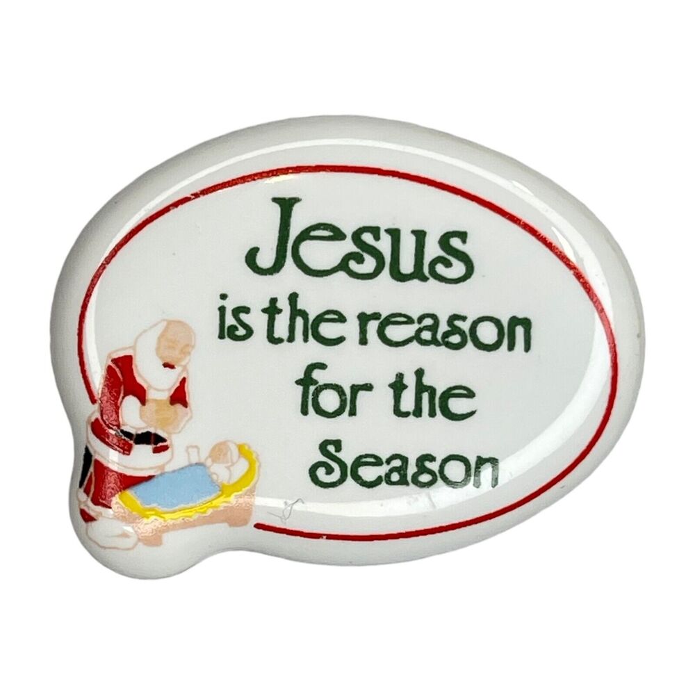 Vintage Kneeling Santa Pin 'Jesus is the Reason' White Ceramic Christmas Decor - Picture 6 of 7